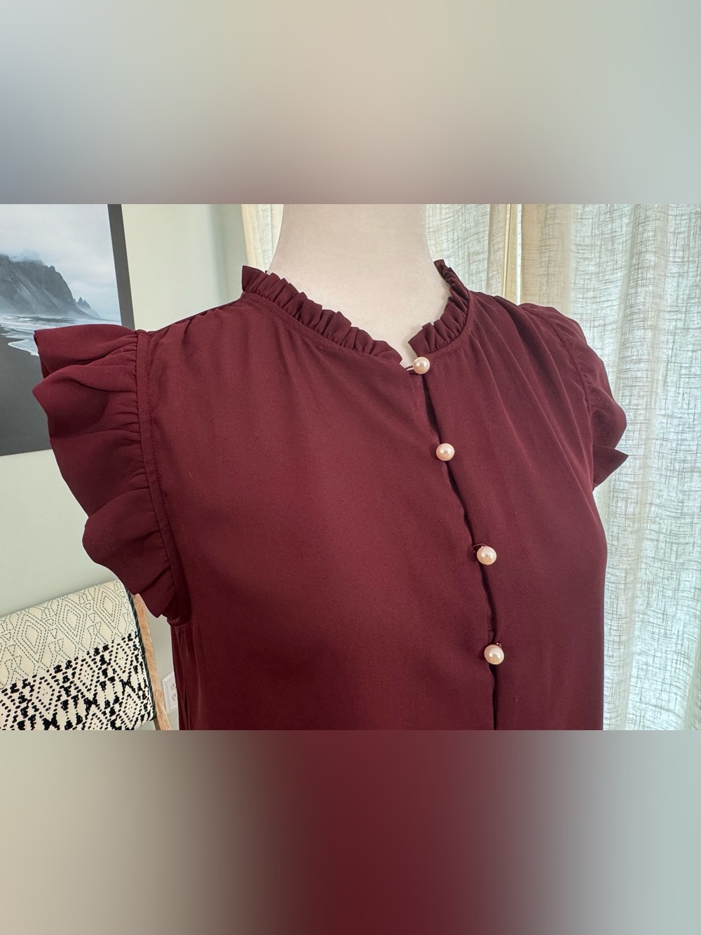 Ann Taylor Deep Burgundy Pearl-Button Ruffle Sleeve Blouse - Size Small - Picture 6 of 9